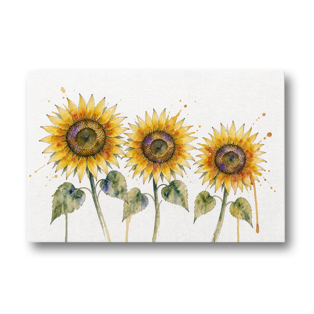 Sunflower Watercolor Painting with Amber Splashes - Canvas Wall Art - Front