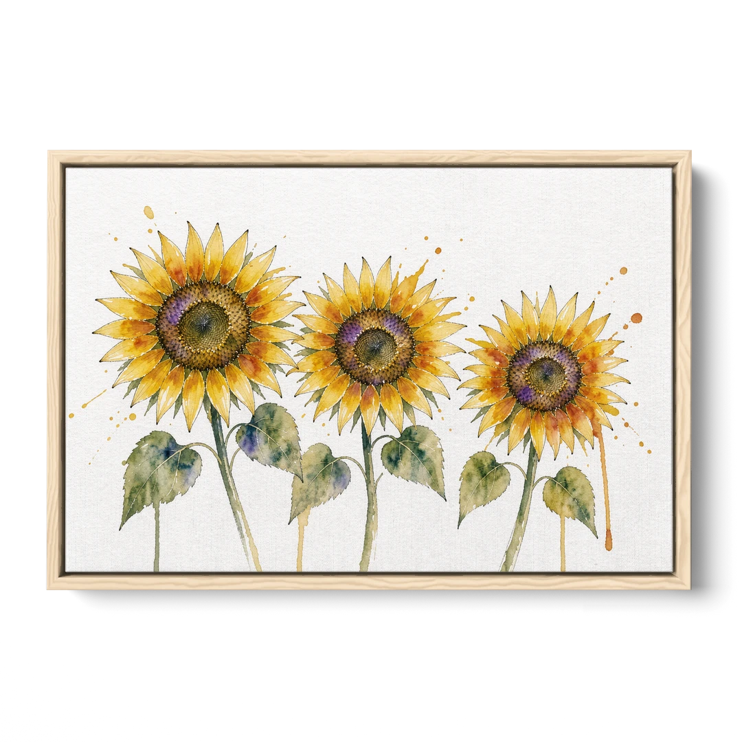 Sunflower Watercolor Painting with Amber Splashes - Oak Framed Canvas Wall Art - Front