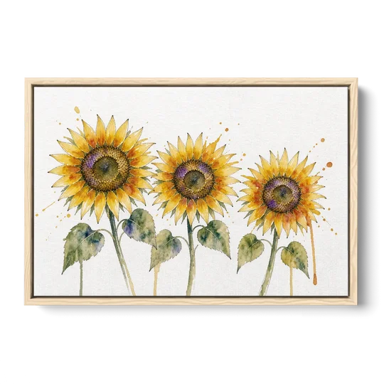 Sunflower Watercolor Painting with Amber Splashes - Oak Framed Canvas Wall Art - Front
