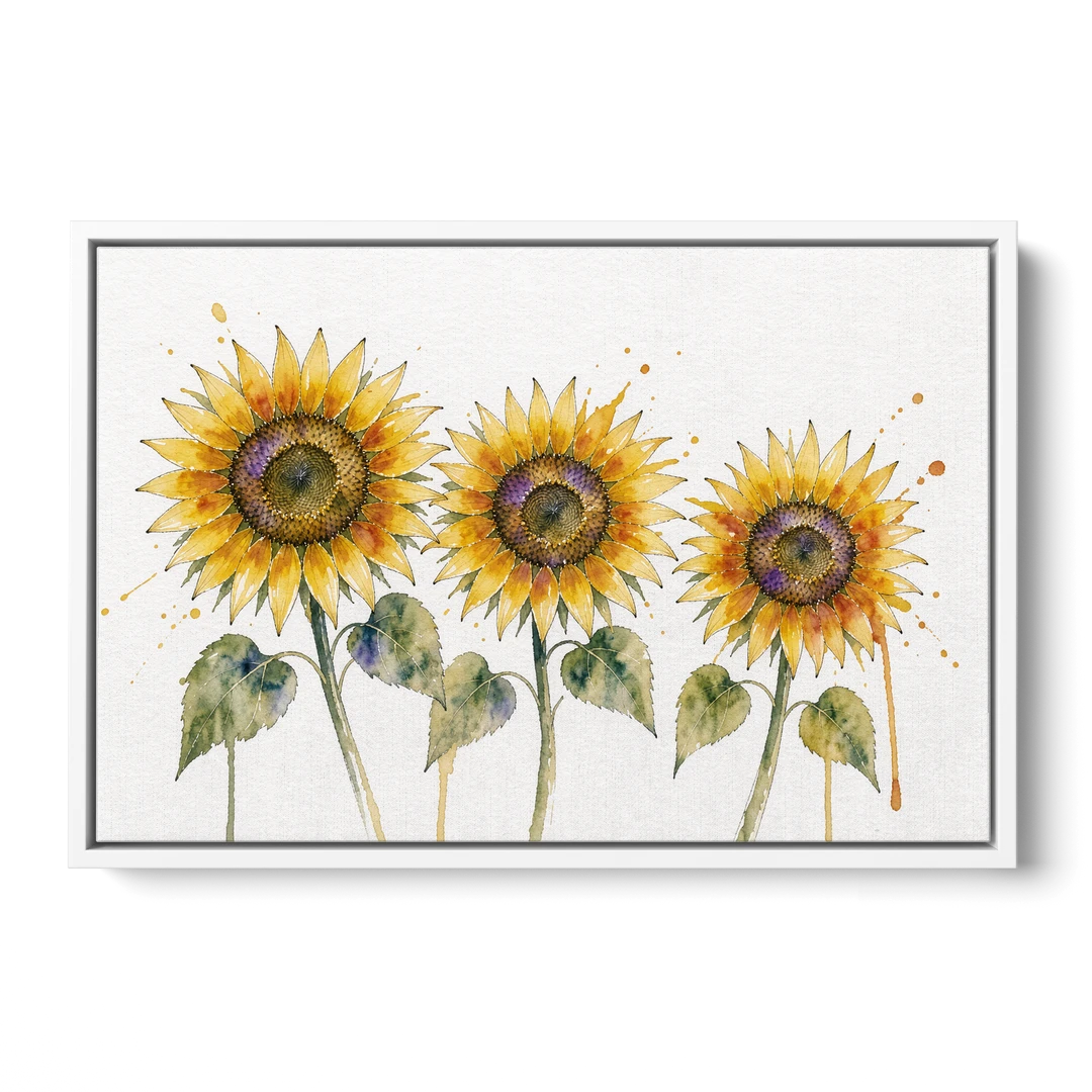Sunflower Watercolor Painting with Amber Splashes - White Framed Canvas Wall Art - Front