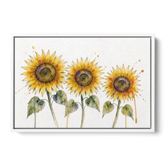 Sunflower Watercolor Painting with Amber Splashes - White Framed Canvas Wall Art - Front