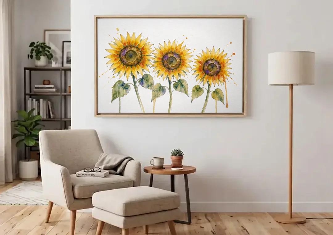 Sunflower Watercolor Painting with Amber Splashes canvas wall art above an armchair in a bright living room