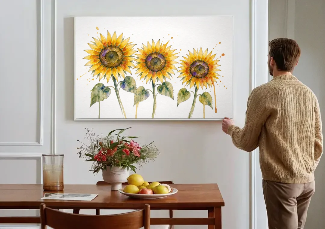 Sunflower Watercolor Painting with Amber Splashes canvas wall art above a dining table