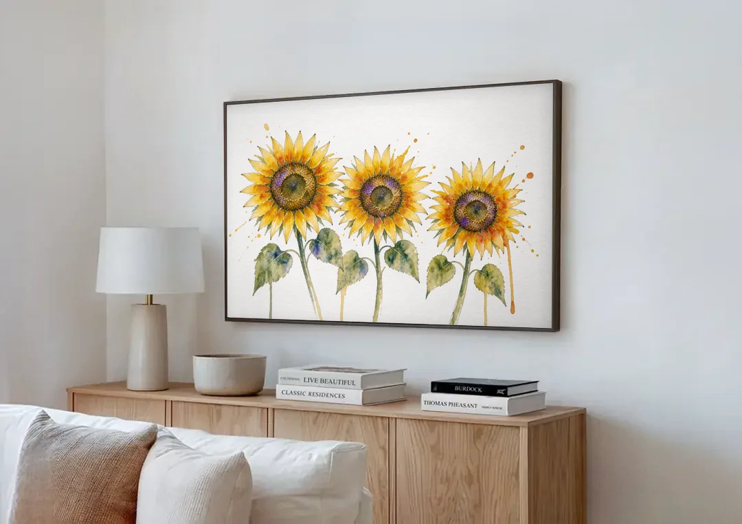 Sunflower Watercolor Painting with Amber Splashes canvas wall art above a wooden sideboard next to a sofa