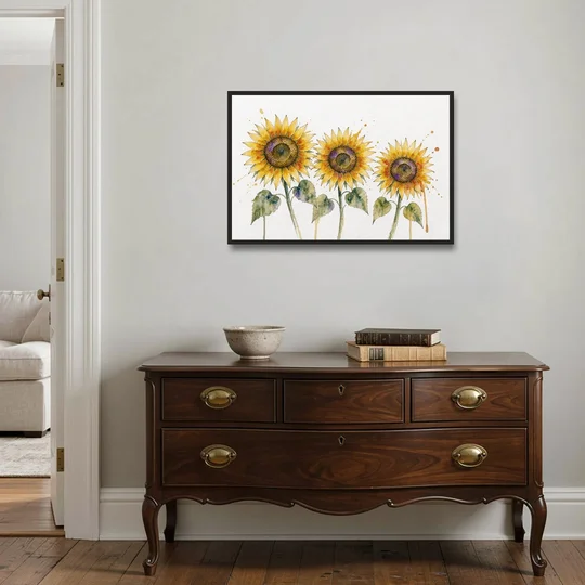 Sunflower Watercolor Painting with Amber Splashes - Black Framed Canvas Wall Art - Coffee Table - 36x24