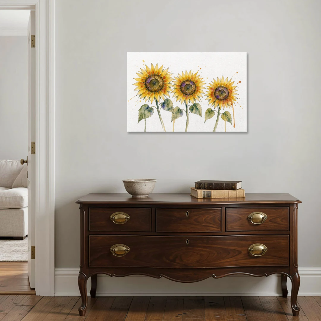 Sunflower Watercolor Painting with Amber Splashes - Canvas Wall Art - Coffee Table - 36x24