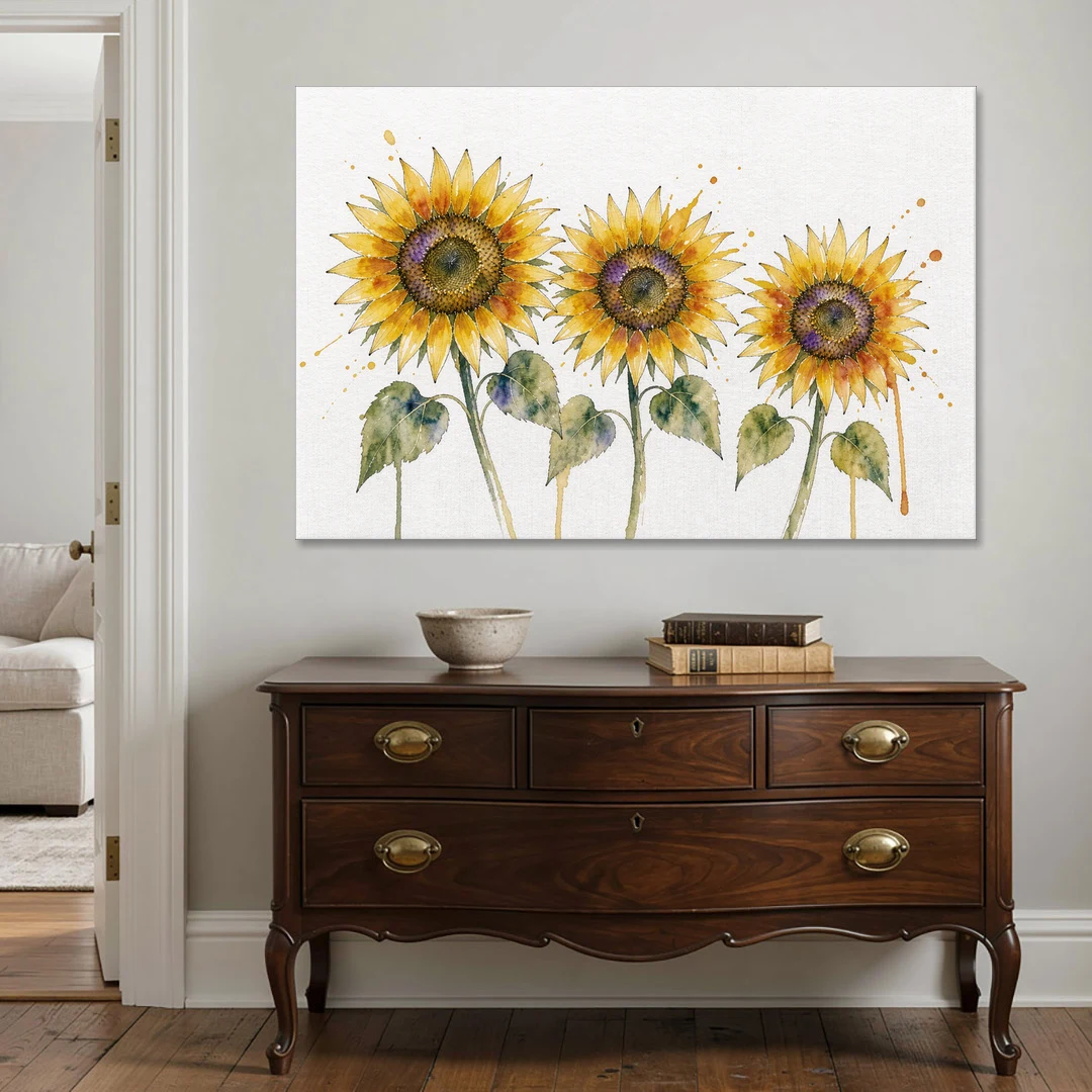 Sunflower Watercolor Painting with Amber Splashes - Canvas Wall Art - Coffee Table - 60x40