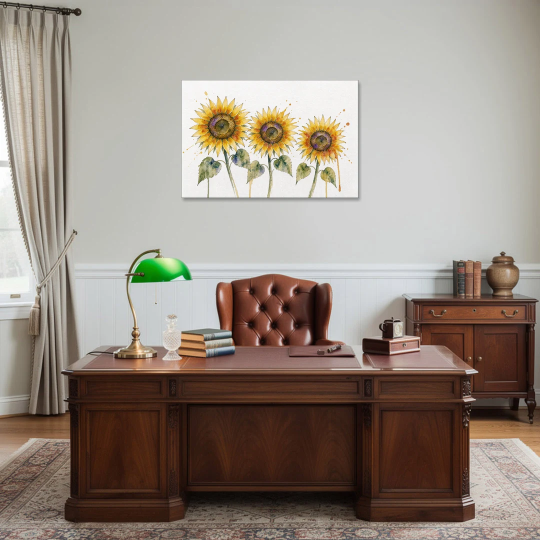 Sunflower Watercolor Painting with Amber Splashes - Canvas Wall Art - Office - 36x24