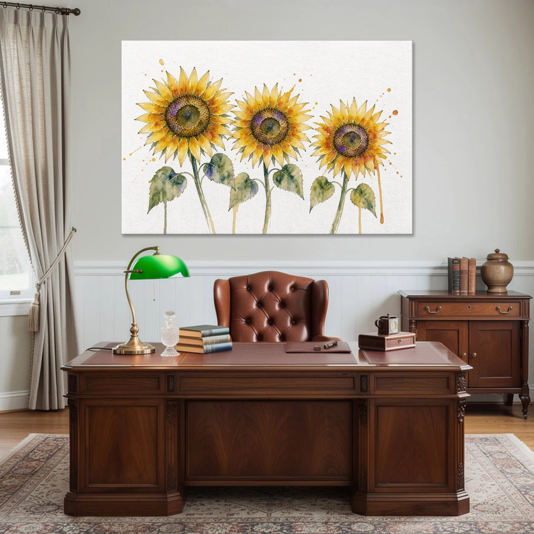 Sunflower Watercolor Painting with Amber Splashes - Canvas Wall Art - Office - 60x40
