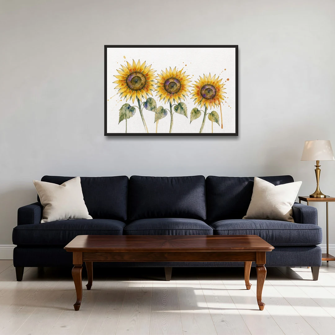 Sunflower Watercolor Painting with Amber Splashes - Black Framed Canvas Wall Art - Sofa - 36x24
