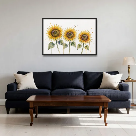 Sunflower Watercolor Painting with Amber Splashes - Black Framed Canvas Wall Art - Sofa - 36x24