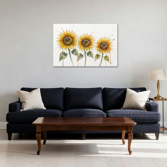 Sunflower Watercolor Painting with Amber Splashes - Canvas Wall Art - Sofa - 36x24