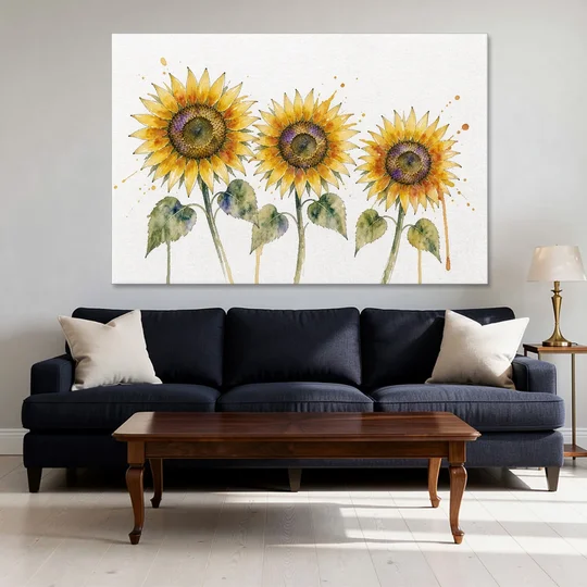 Sunflower Watercolor Painting with Amber Splashes - Canvas Wall Art - Sofa - 60x40