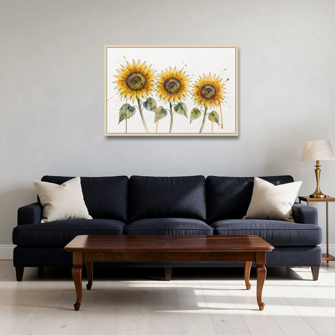 Sunflower Watercolor Painting with Amber Splashes - Oak Framed Canvas Wall Art - Sofa - 36x24