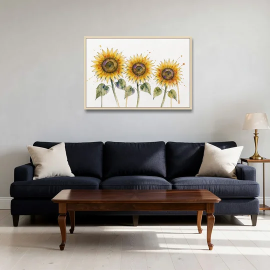 Sunflower Watercolor Painting with Amber Splashes - Oak Framed Canvas Wall Art - Sofa - 36x24