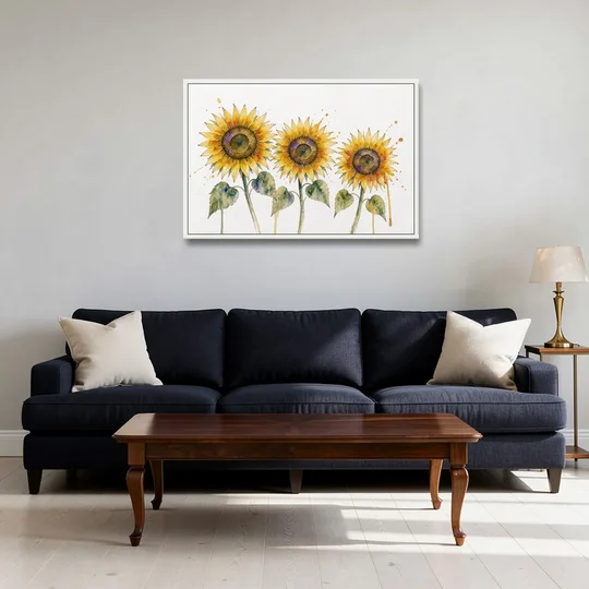 Sunflower Watercolor Painting with Amber Splashes - White Framed Canvas Wall Art - Sofa - 36x24