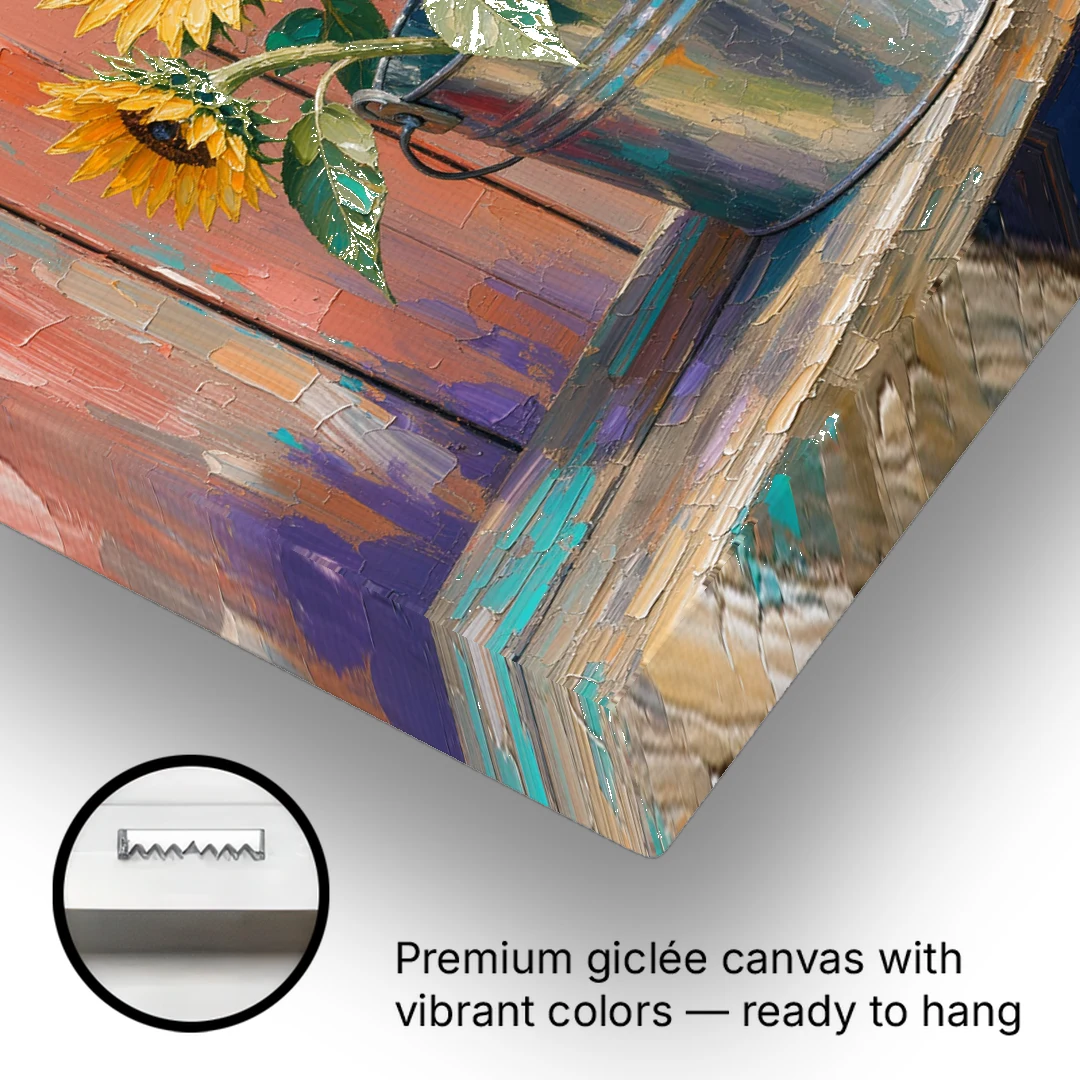 Rustic Sunflowers in a Tin Bucket - Canvas Wall Art - Gallery Wrap Corner