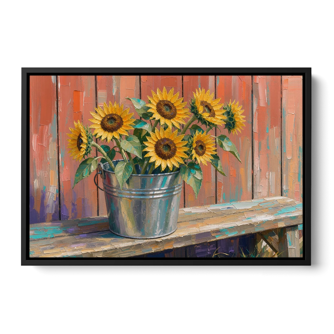Rustic Sunflowers in a Tin Bucket - Black Framed Canvas Wall Art - Front