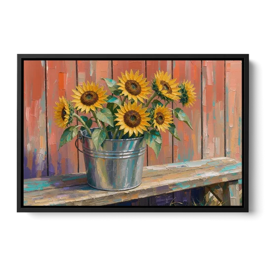 Rustic Sunflowers in a Tin Bucket - Black Framed Canvas Wall Art - Front