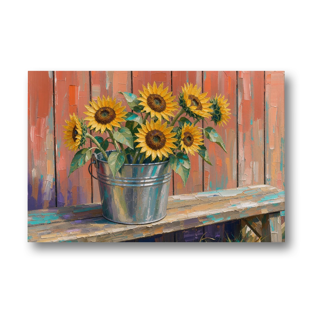 Rustic Sunflowers in a Tin Bucket - Canvas Wall Art - Front