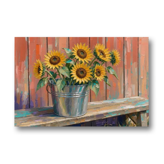 Rustic Sunflowers in a Tin Bucket - Canvas Wall Art - Front