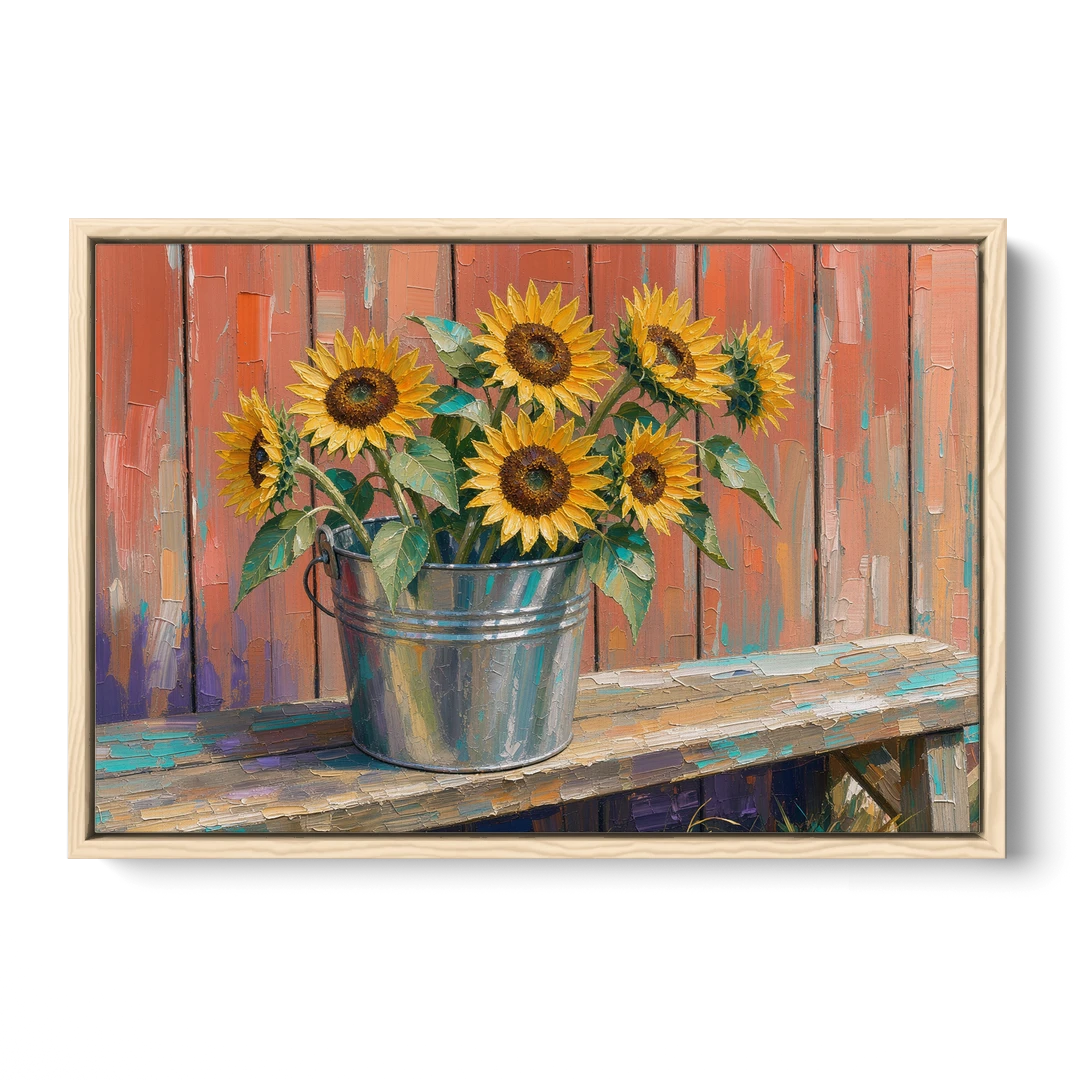 Rustic Sunflowers in a Tin Bucket - Oak Framed Canvas Wall Art - Front