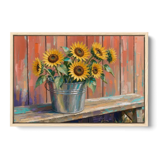 Rustic Sunflowers in a Tin Bucket - Oak Framed Canvas Wall Art - Front