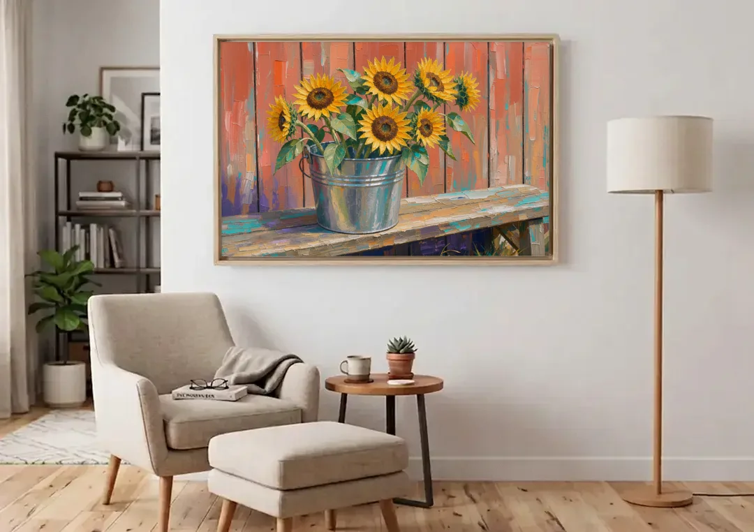 Rustic Sunflowers in a Tin Bucket canvas wall art above an armchair in a bright living room