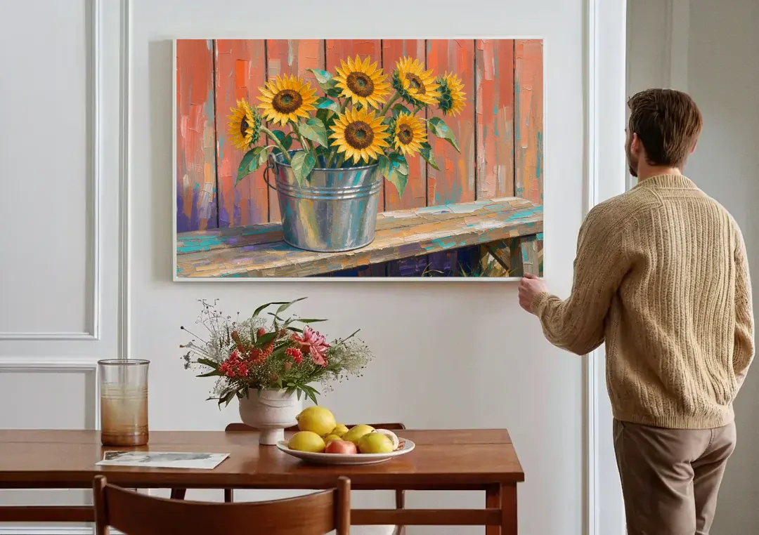 Rustic Sunflowers in a Tin Bucket canvas wall art above a dining table