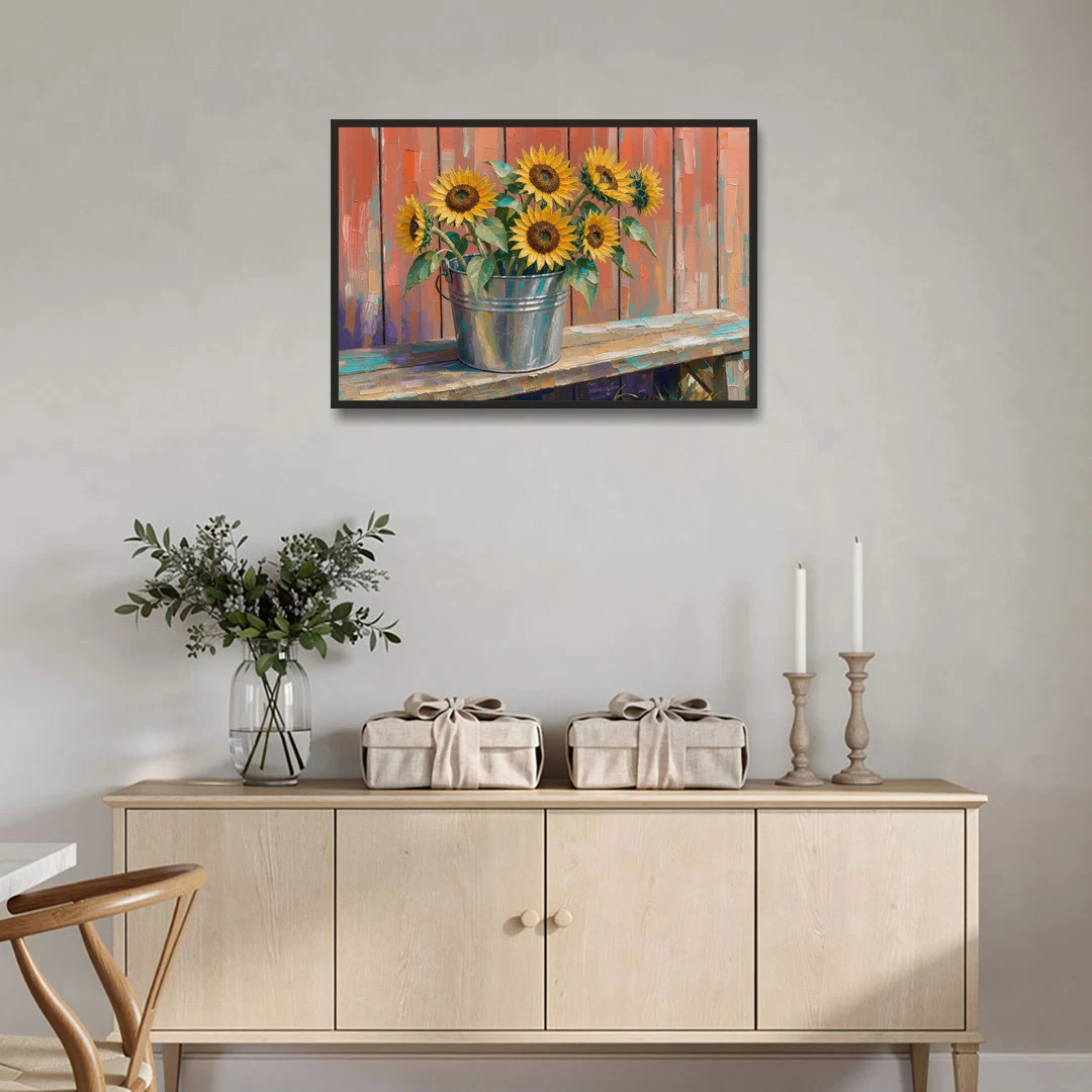 Rustic Sunflowers in a Tin Bucket - Black Framed Canvas Wall Art - Coffee Table - 36x24