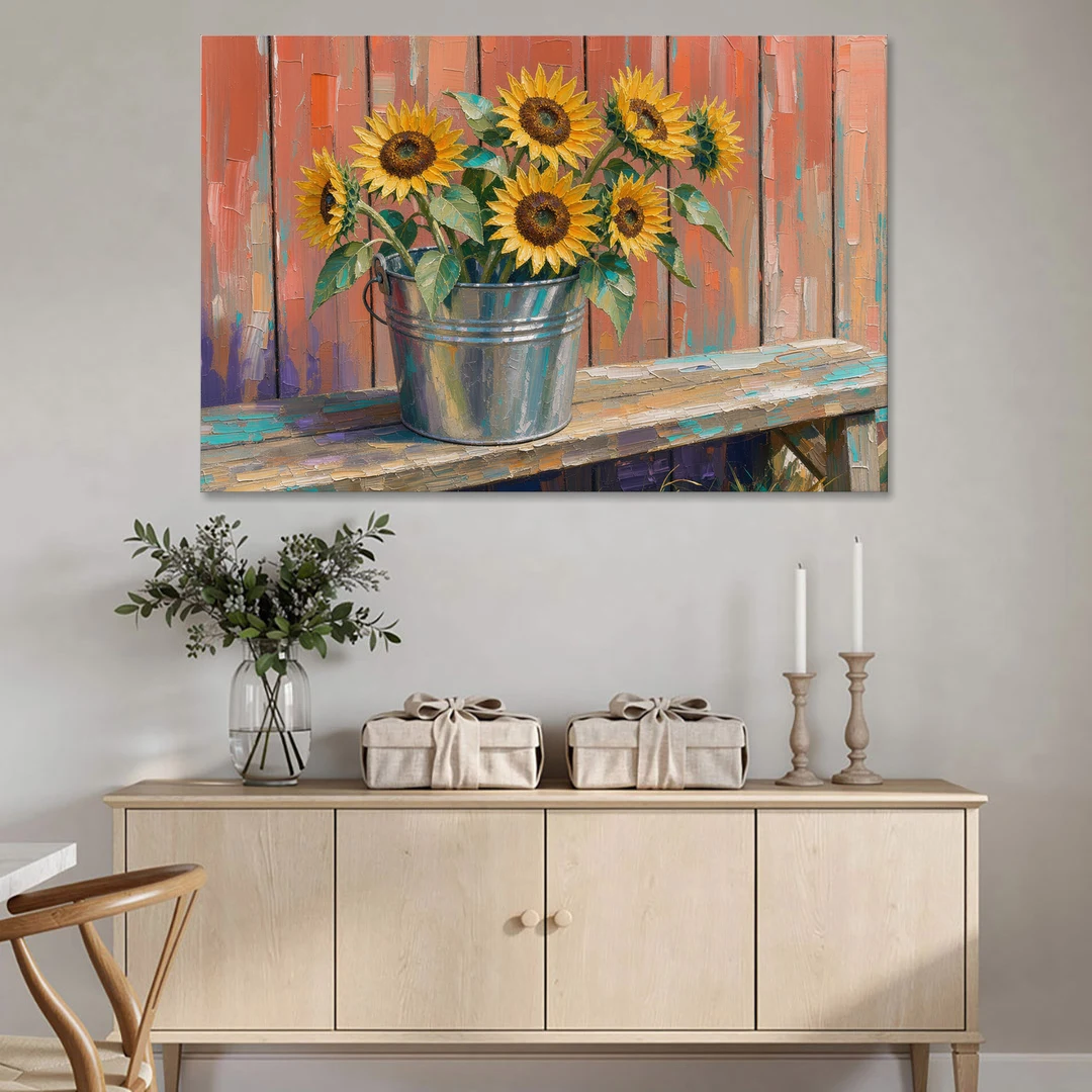 Rustic Sunflowers in a Tin Bucket - Canvas Wall Art - Coffee Table - 60x40