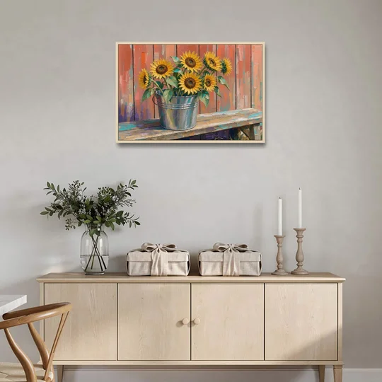 Rustic Sunflowers in a Tin Bucket - Oak Framed Canvas Wall Art - Coffee Table - 36x24