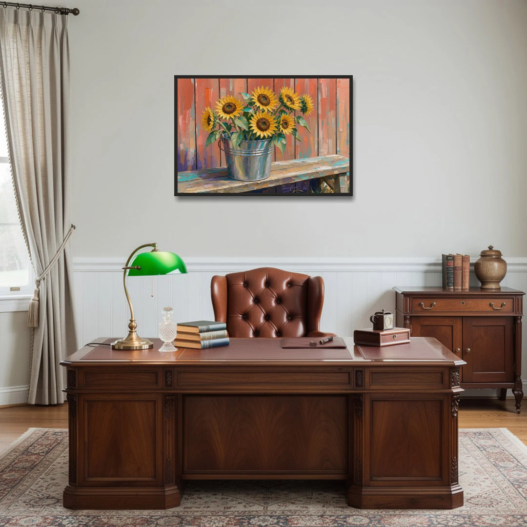 Rustic Sunflowers in a Tin Bucket - Black Framed Canvas Wall Art - Office - 36x24