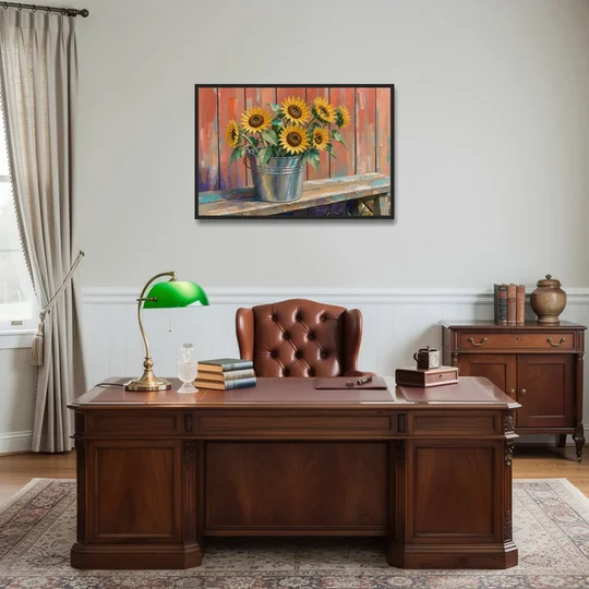 Rustic Sunflowers in a Tin Bucket - Black Framed Canvas Wall Art - Office - 36x24