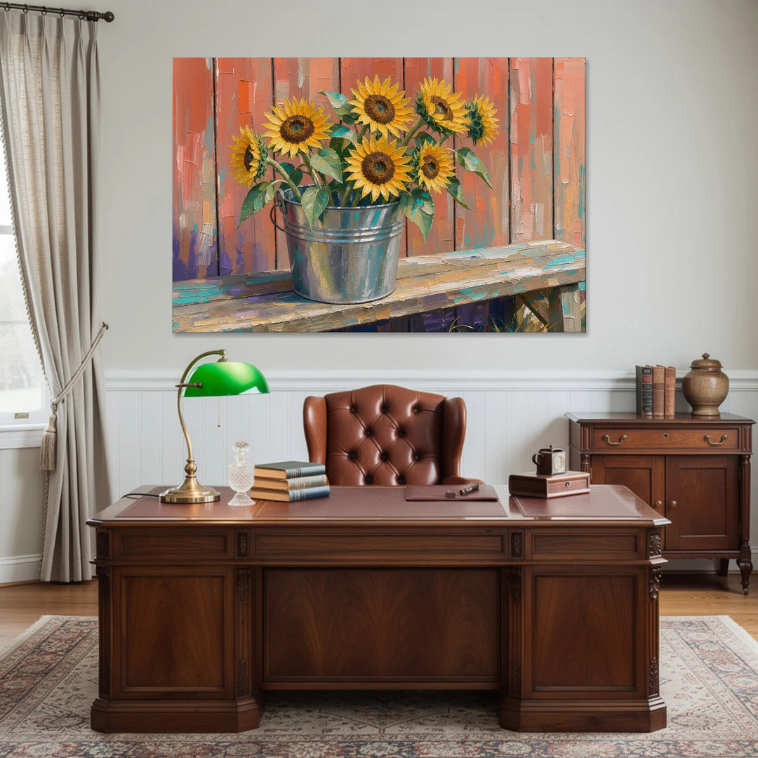 Rustic Sunflowers in a Tin Bucket - Canvas Wall Art - Office - 60x40