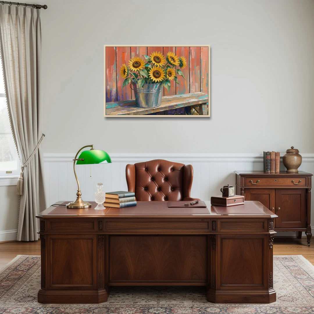Rustic Sunflowers in a Tin Bucket - Oak Framed Canvas Wall Art - Office - 36x24