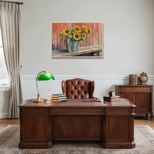 Rustic Sunflowers in a Tin Bucket - Oak Framed Canvas Wall Art - Office - 36x24
