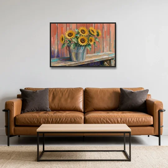 Rustic Sunflowers in a Tin Bucket - Black Framed Canvas Wall Art - Sofa - 36x24