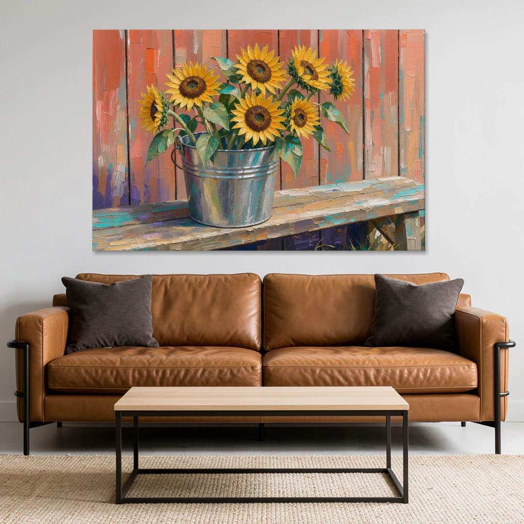 Rustic Sunflowers in a Tin Bucket - Canvas Wall Art - Sofa - 60x40