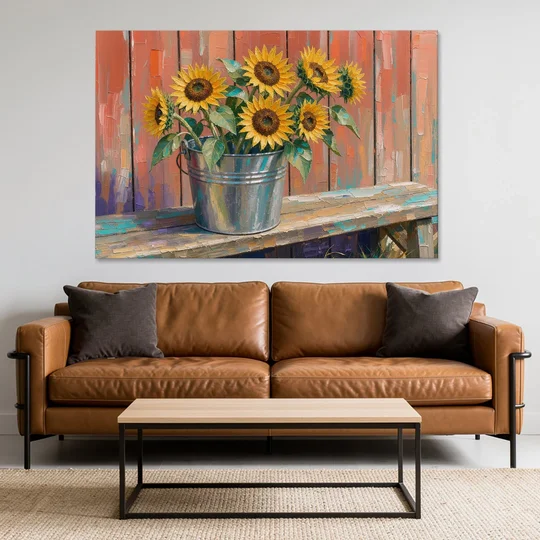 Rustic Sunflowers in a Tin Bucket - Canvas Wall Art - Sofa - 60x40
