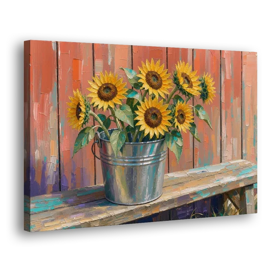 Rustic Sunflowers in a Tin Bucket - Canvas Wall Art - Side