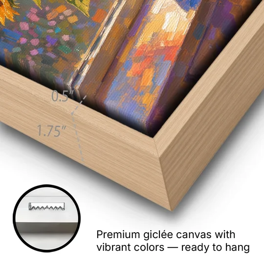 Sunflowers in Vase Painting by the Window - Oak Framed Canvas Wall Art - Gallery Wrap Corner