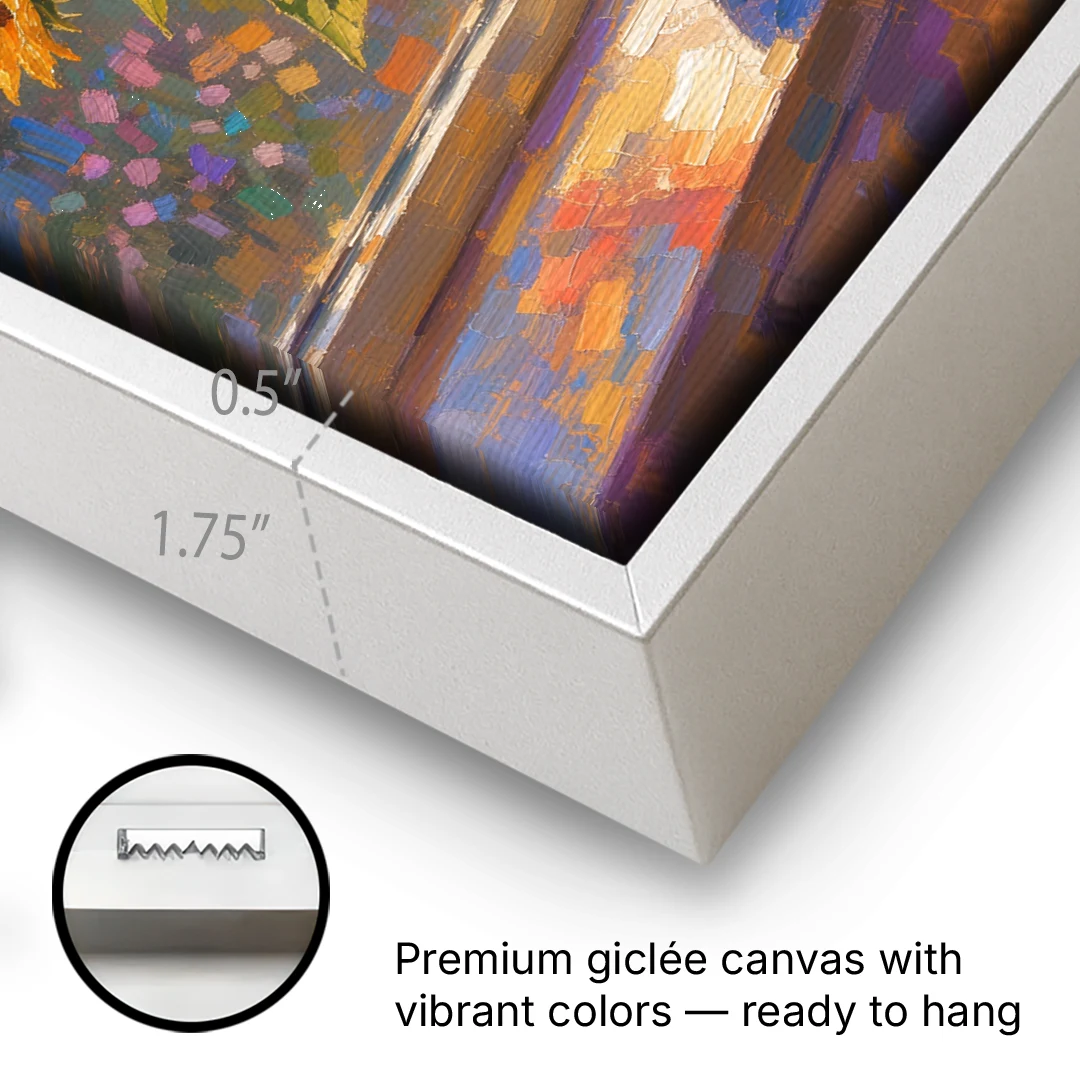 Sunflowers in Vase Painting by the Window - White Framed Canvas Wall Art - Gallery Wrap Corner