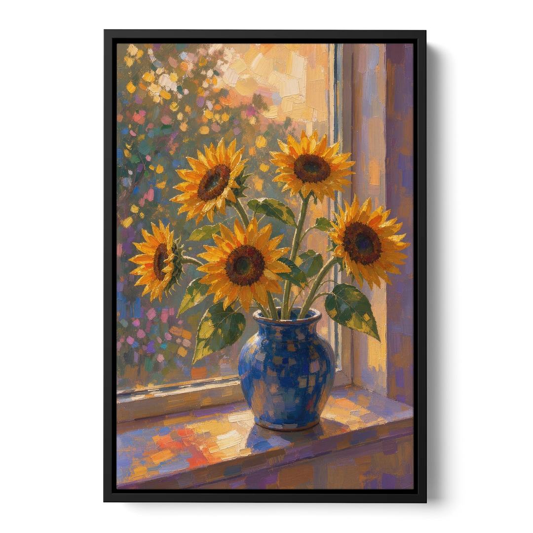 Sunflowers in Vase Painting by the Window - Black Framed Canvas Wall Art - Front