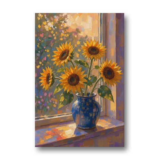 Sunflowers in Vase Painting by the Window - Canvas Wall Art - Front