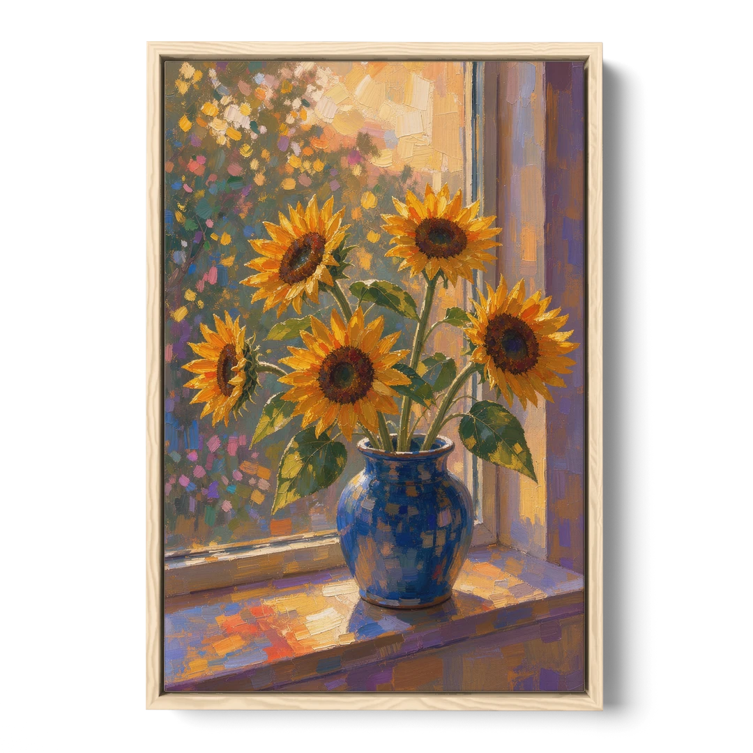 Sunflowers in Vase Painting by the Window - Oak Framed Canvas Wall Art - Front