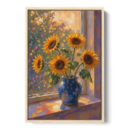Sunflowers in Vase Painting by the Window - Oak Framed Canvas Wall Art - Front