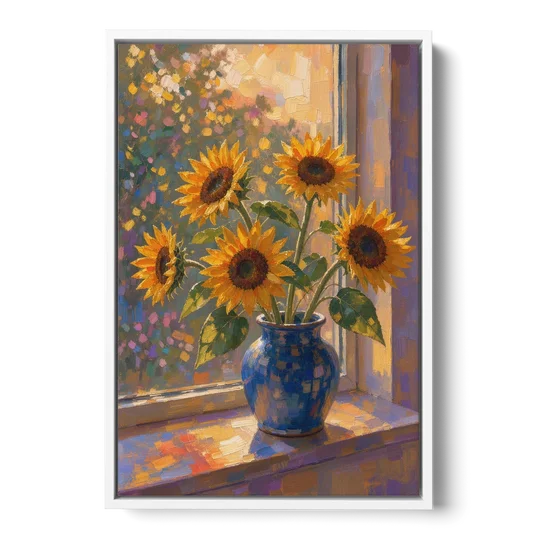 Sunflowers in Vase Painting by the Window - White Framed Canvas Wall Art - Front
