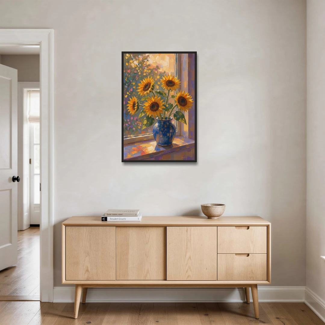 Sunflowers in Vase Painting by the Window - Black Framed Canvas Wall Art - Coffee Table - 24x36