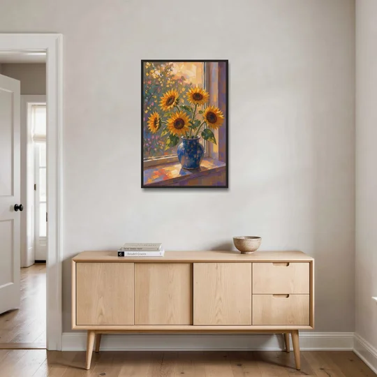 Sunflowers in Vase Painting by the Window - Black Framed Canvas Wall Art - Coffee Table - 24x36